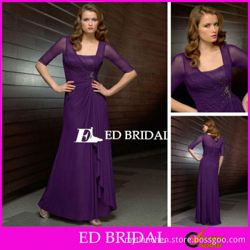 ML70406 New Arrival Fashion Square Half Sleeve Ruched Royal Blue Chiffon Sleeve Evening Dress